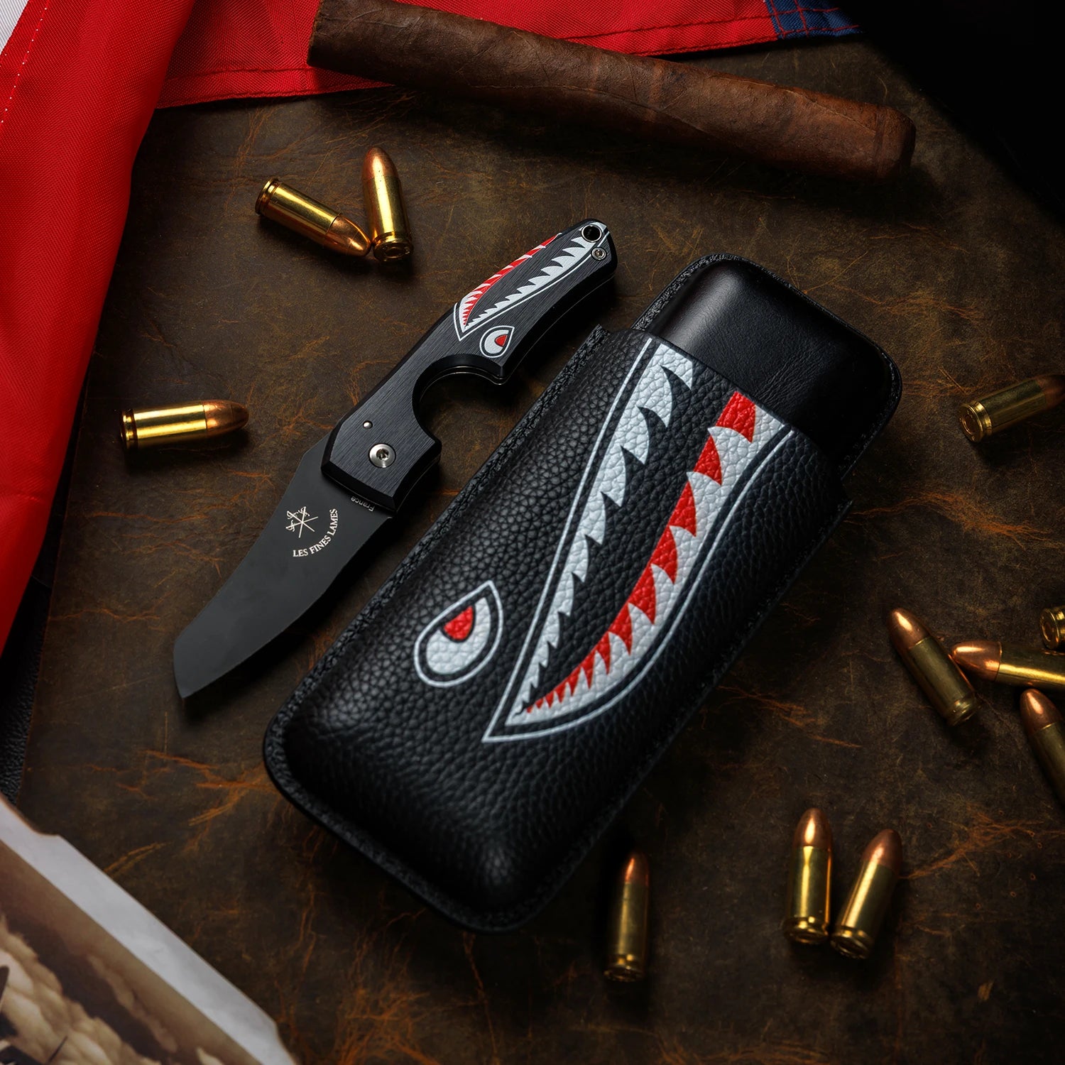 les-fines-lames-cigar-case-duo-zigarrenetui-flying-tigers-schwarz-leder image 3